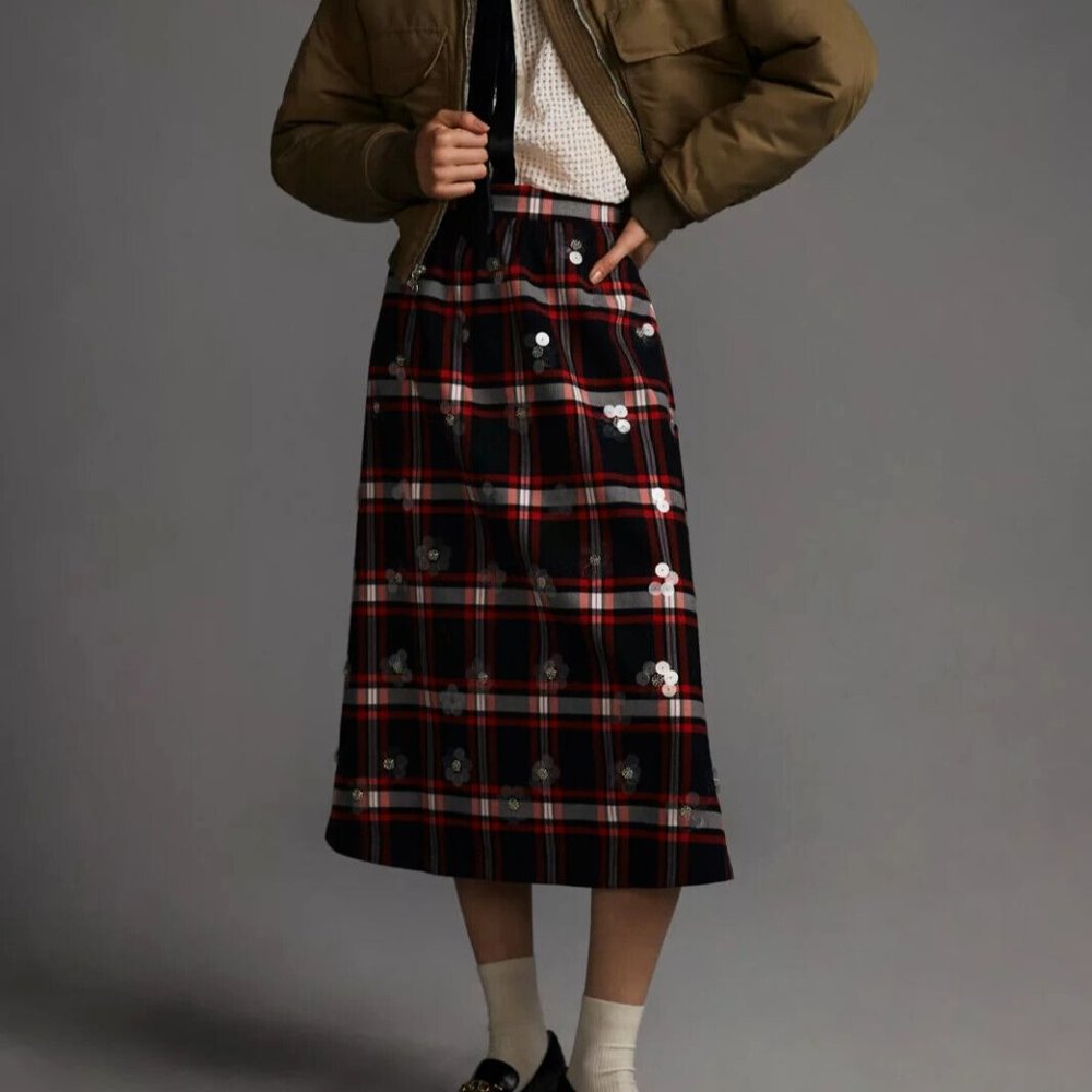 Anthropologie Plaid Midi Skirt with Floral Accents
